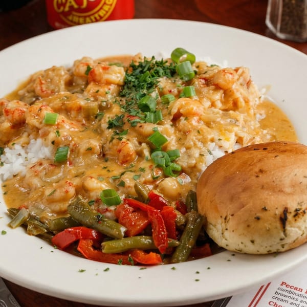 Cajun shrimp etouffee with rice, green beans, red peppers, and a bread roll on a white plate.