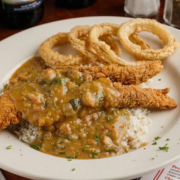 Fried fish fillets with gravy over rice, served with crispy onion rings on a white plate.