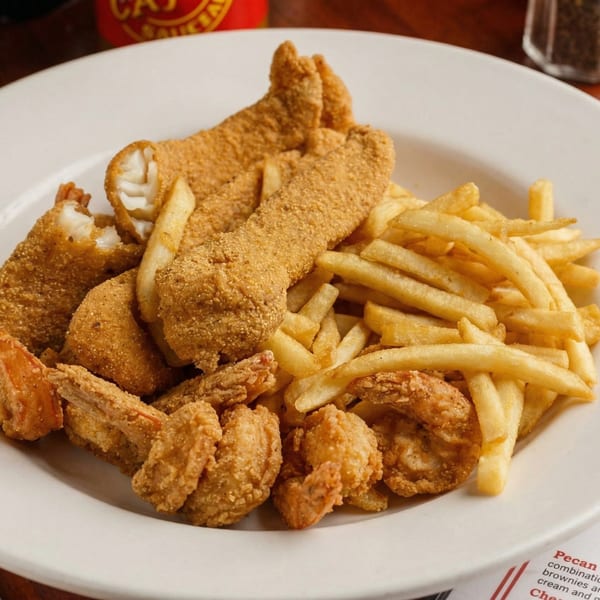 A white plate piled high with golden-brown fried fish, shrimp, and french fries.