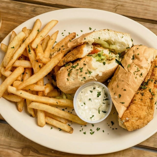 Cajun BLT Sandwich and French Fries.