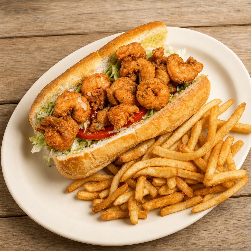 Shrimp Po-Boy and French Fries.