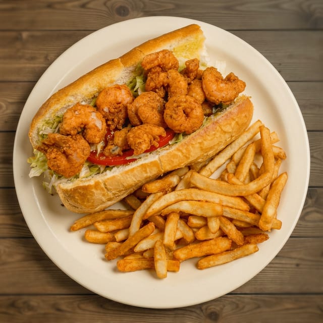 Shrimp Po-Boy and French Fries.